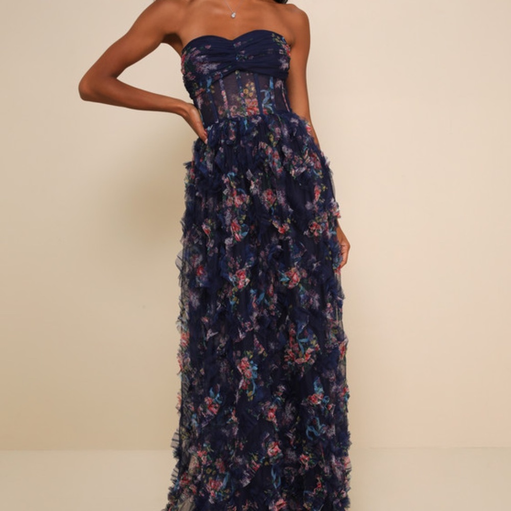 Lulus Stunning Element Navy Floral Mesh Ruffled Strapless Maxi Dress Blue